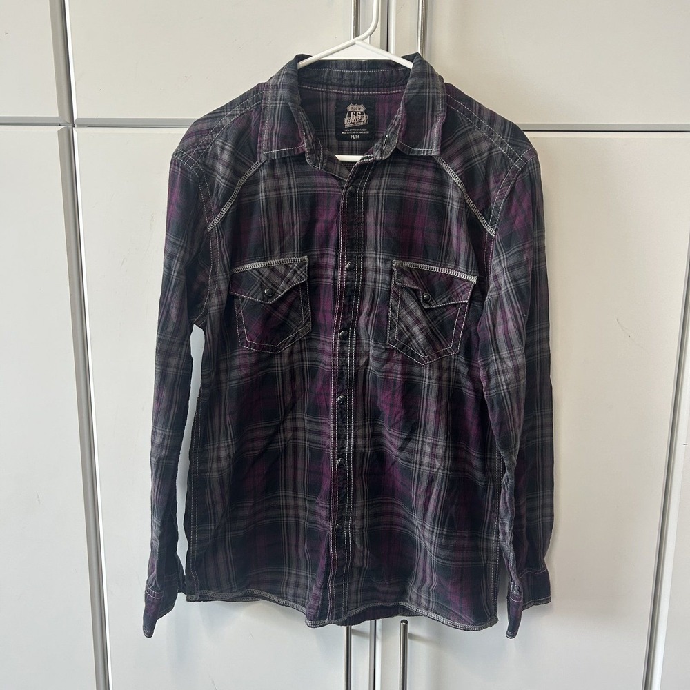 Route 66 Mens Plaid Button Down Shirt Purple Black Grey Contrast Stitch Medium